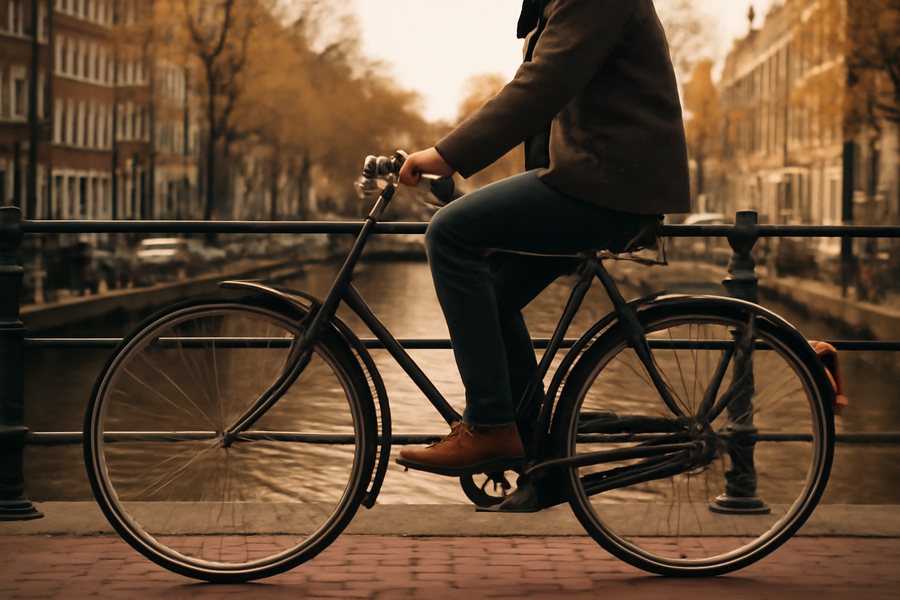 Example: a photo of a cyclist by a canal